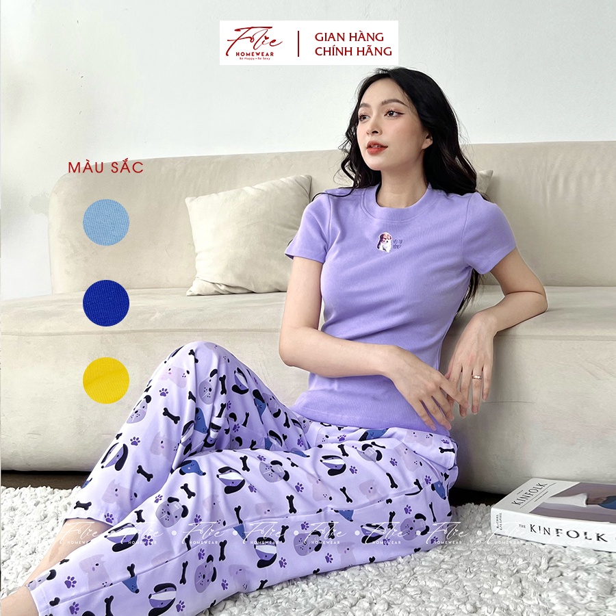 Set đồ bộ mặc nhà áo thun ngắn tay quần dài lụa hoạ tiết cún FLA1Q3
