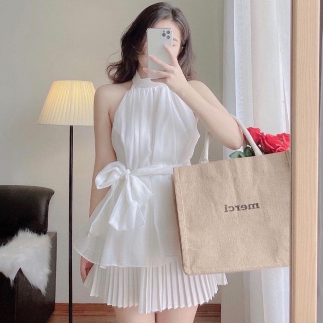 Áo kiểu nữ cổ yếm hở vai 2 lớp kèm dây đai, áo babydoll bánh bèo siêu xinh