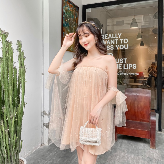 Đầm voan nhũ đính ngọc be Đầm dự tiệc Jna Official