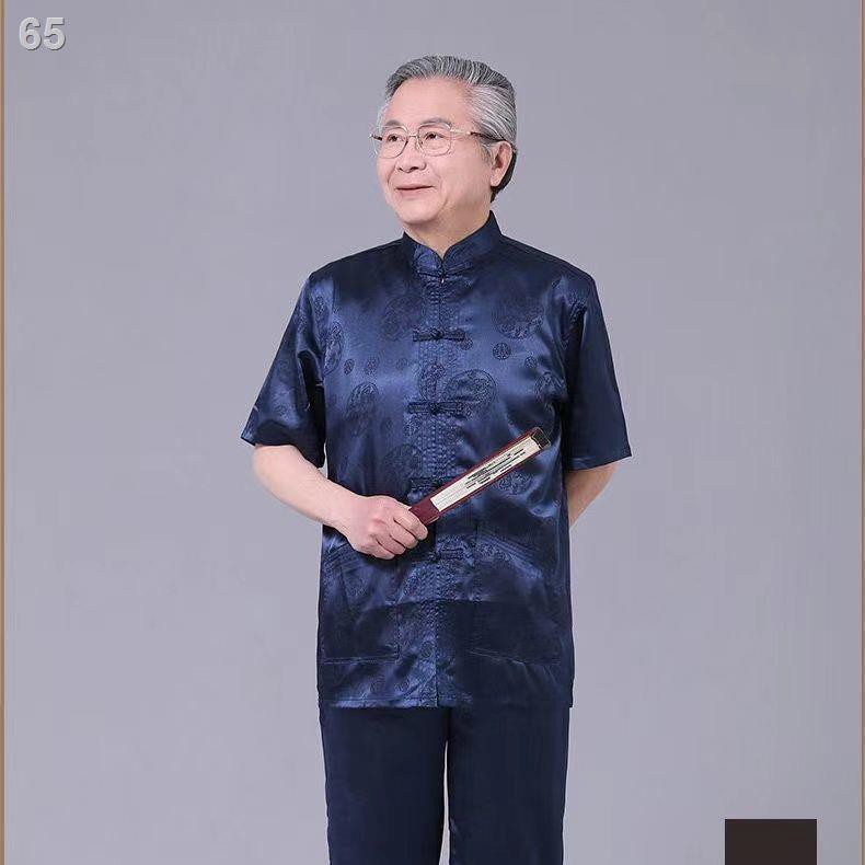 Tang suit nam quần áo trung niên và cao tuổi ông nội lụa ngắn tay phù hợp với mùa hè phong cách Quốc cha nửaE