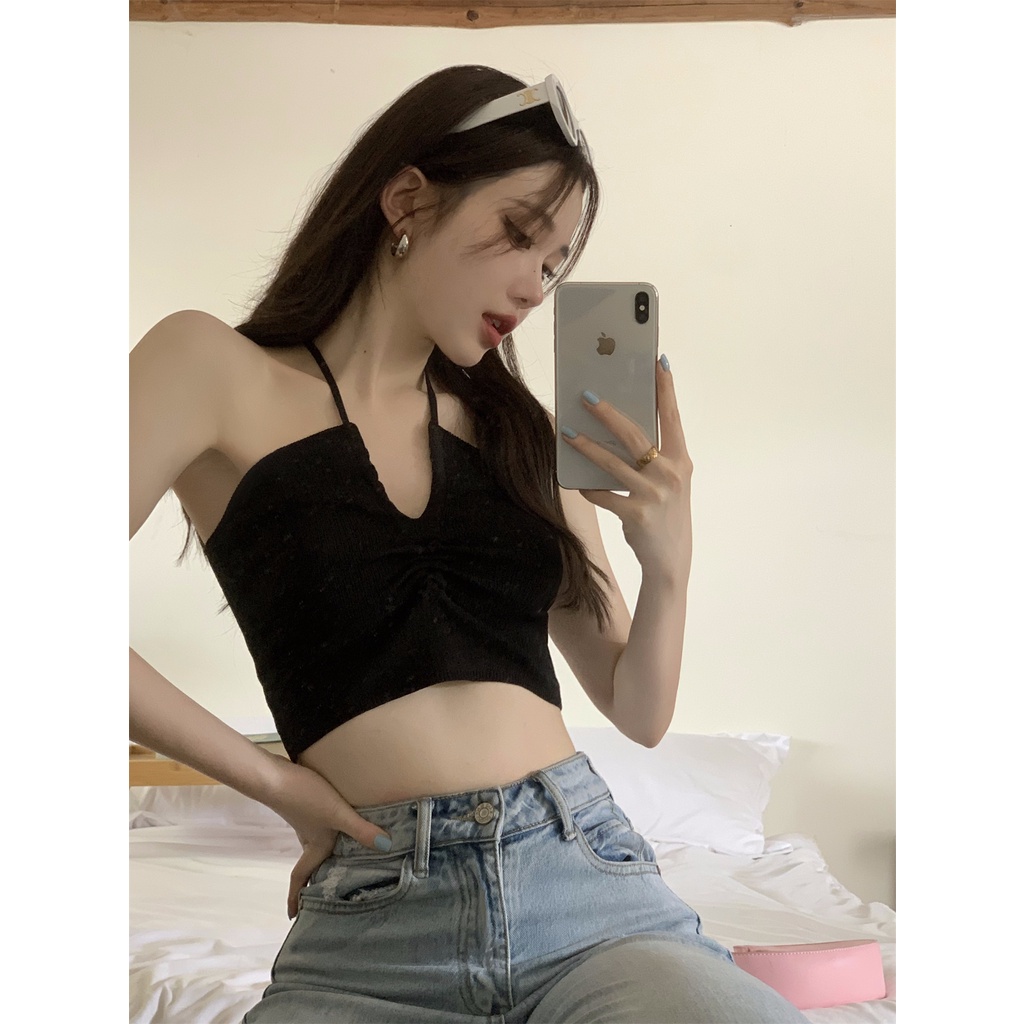 HUANG YOYO Áo Croptop Hai Dây Màu Sắc Trơn Phong Cách Hàn Quốc Gợi Cảm