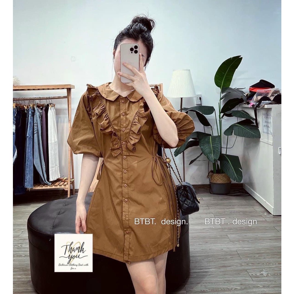 [10.10 Sales Freeship] Đầm tiểu thư nữ, đầm tay phồng cổ bèo phối nút, đầm suông sơ mi cột dây eo sang chảnh, dễ thương