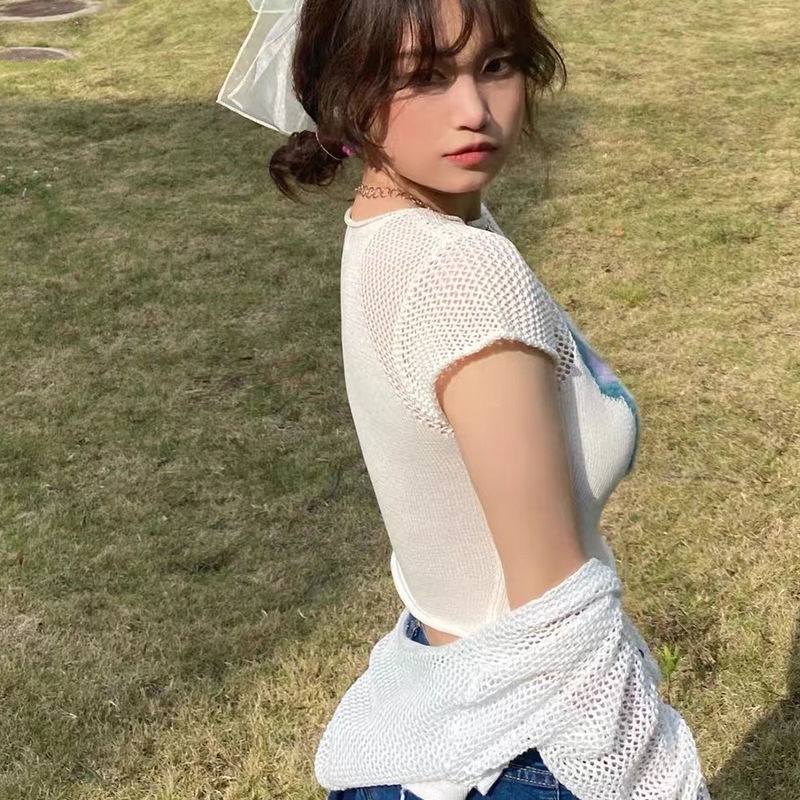 ☒❒☞Áo Dệt Kim In Hình Thỏ Và Hoa Phong Cách Retro Mỹ Thời Trang Mùa Hè 2022 Cho Nữ