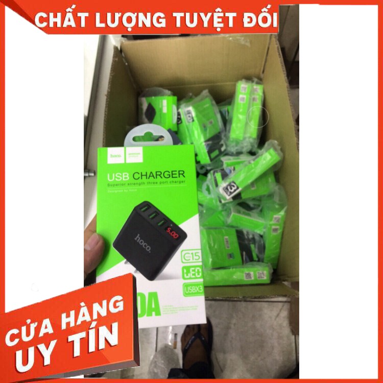 [GIÁ RẺ NHẤT] [CHẤT LƯỢNG SỐ 1]  Cóc Sạc 3 Cổng USB Hoco C15 có màn hình LCD hiển thị điện áp - Hàng Chính Hãng