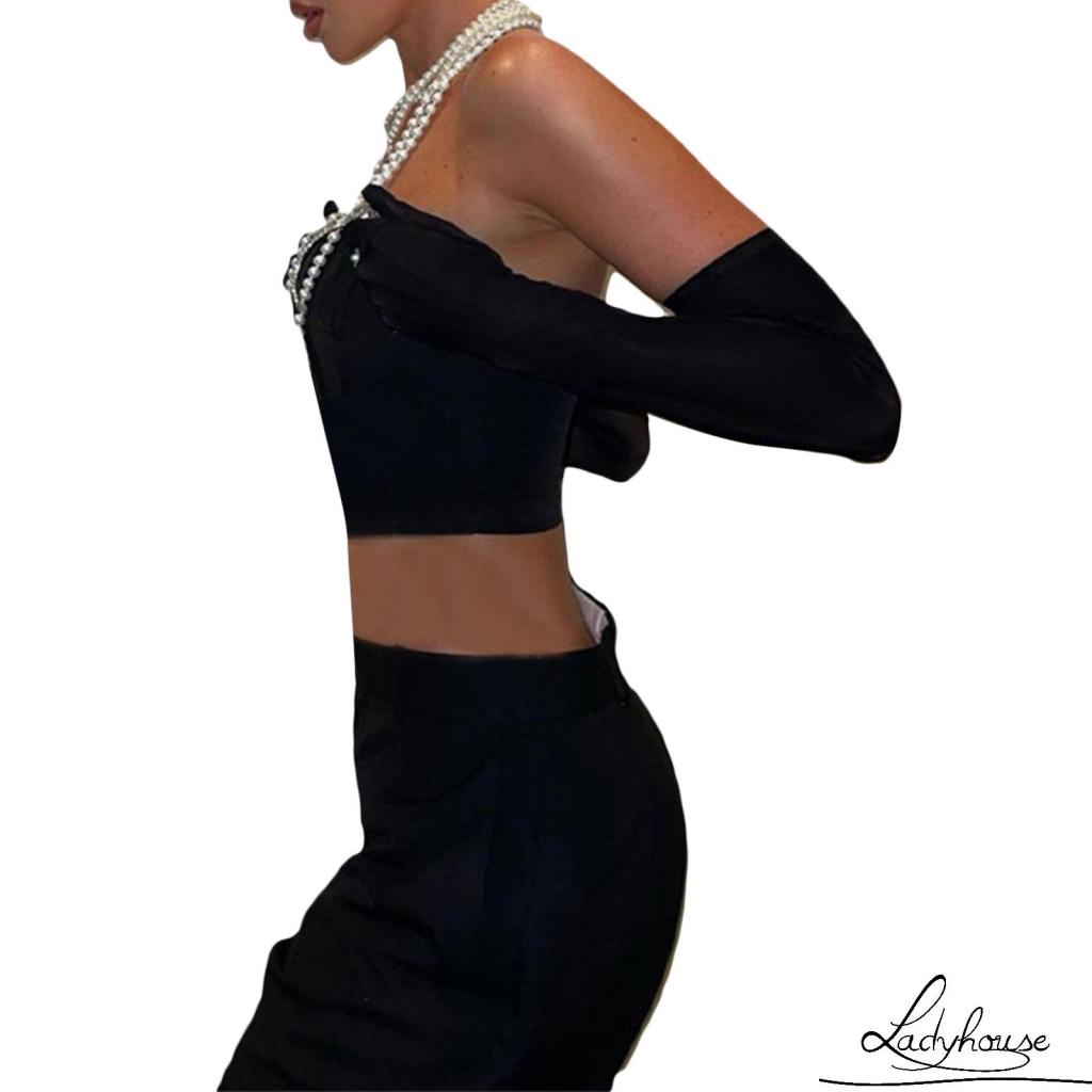 Áo Thun Crop Top Hai Dây Quấn Ngực Màu Trơn Đính Kim Cương Gợi Cảm Thời Trang Mùa Xuân Cho Nữ