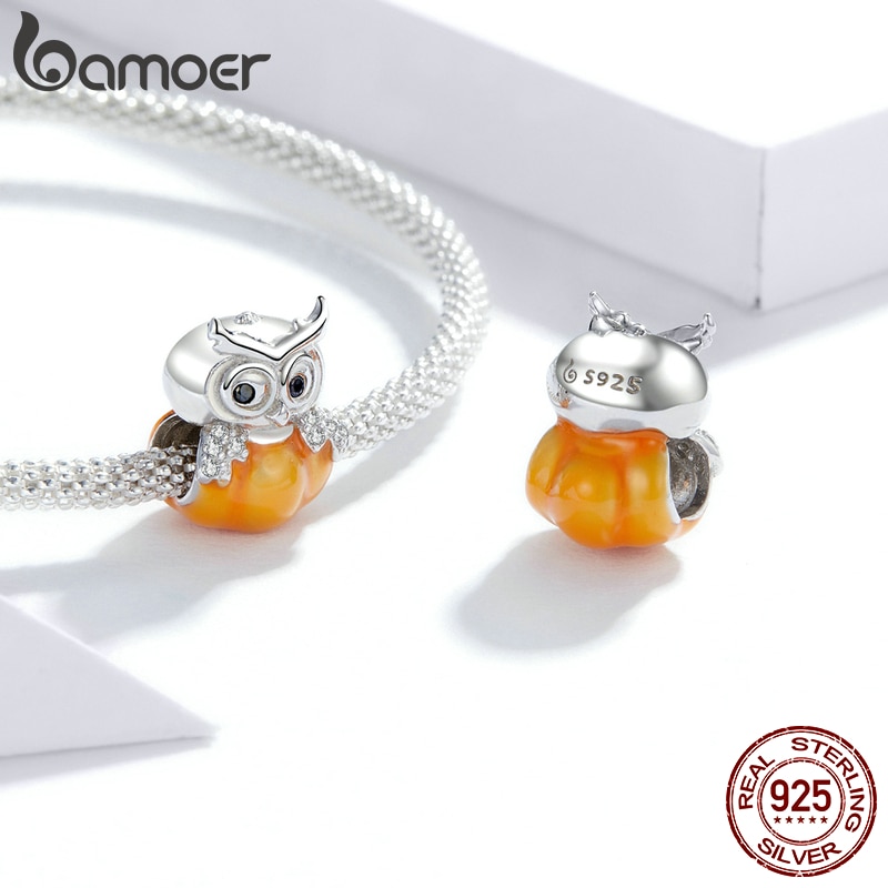 Hạt Cườm Bamoer BSC342 Bằng Kim Loại Bạc Sterling 925 Hình Dạng Quả Bí Ngô Và Cú Xỏ Vòng Tay DIY Cho Nữ
