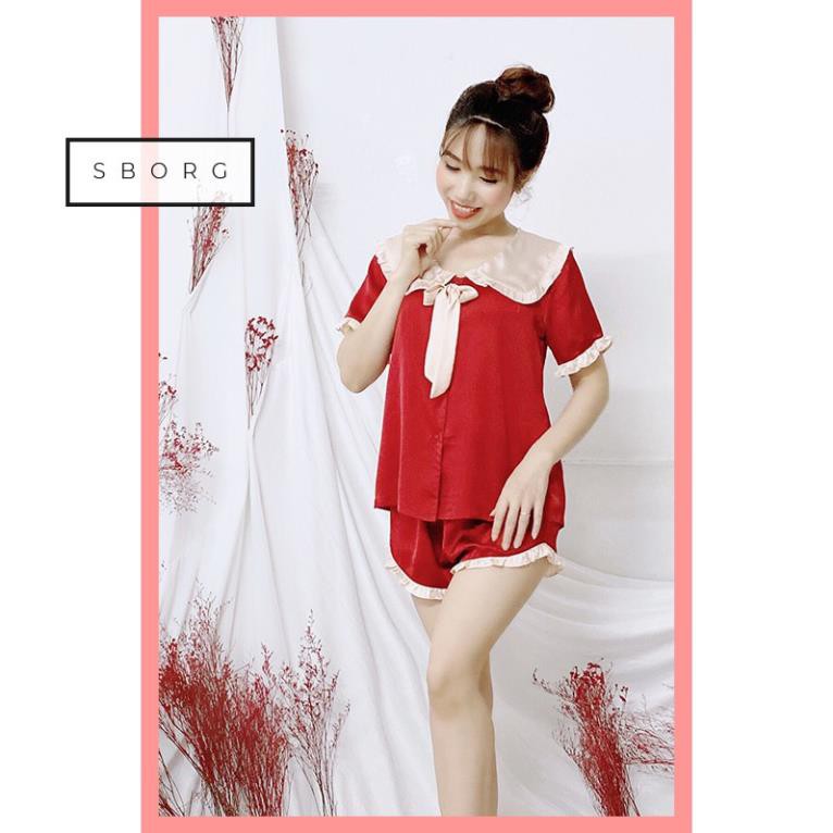 Đồ Bộ Pijama Vintage tiểu thư SBORG Bộ Lụa SaTin Áo Cộc Quần Đùi Phối Bèo Cổ Nơ đồ ngủ Quà Tặng Vợ 8 3 !