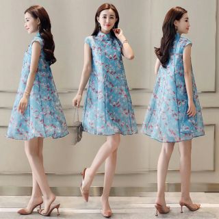 Đầm suông xanh hoa nâu cổ tàu