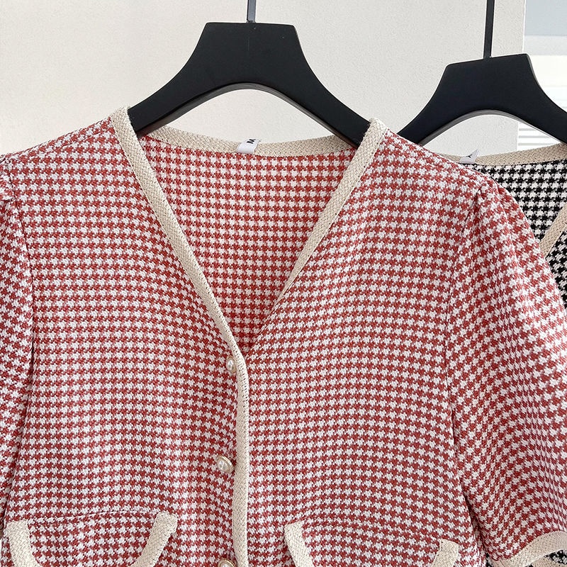 Áo Sơ Mi Ngắn Tay Cổ V Họa Tiết houndstooth Phong Cách Phương Tây Thời Trang Mùa Hè Mới Cho Nữ