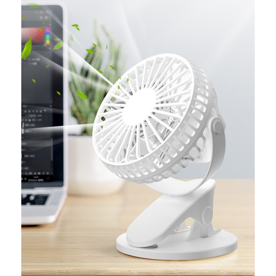 Quạt tích điện mini có chân đế kép, quạt usb để bàn văn phòng xoay 360 độ