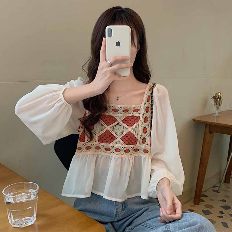 Áo sơ mi voan đi biển babydoll  croptop cổ vuông tay bồng tiểu thư dệt thổ cẩm màu đỏ uzzlang hàn quốc - tiemmaimeo1987