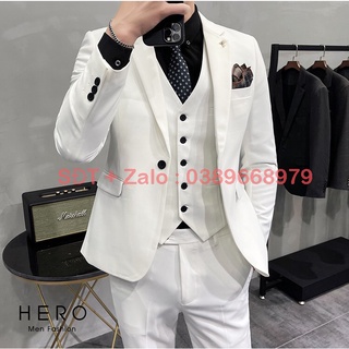 Bộ vest nam Hàn Quốc dáng ôm màu trắng, bộ Suit nam màu trắng