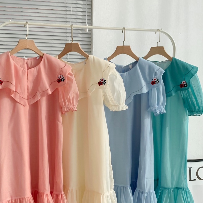 - Váy xòe tay bồng voan tơ vai có hoa thêu  tiểu thư ulzzang - M54 - jannahouse