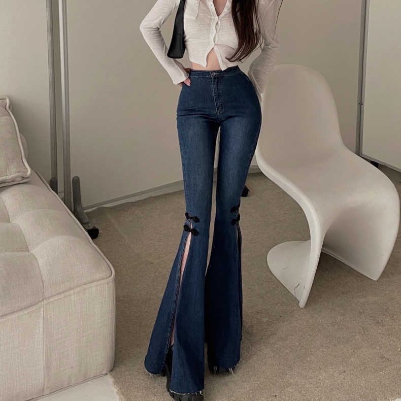 Phong cách mới!F &amp; X Quần Jean Ống Loe Dáng Suông Lưng Cao Co Giãn Có Khóa Cài Kiểu Retro Cá Tính