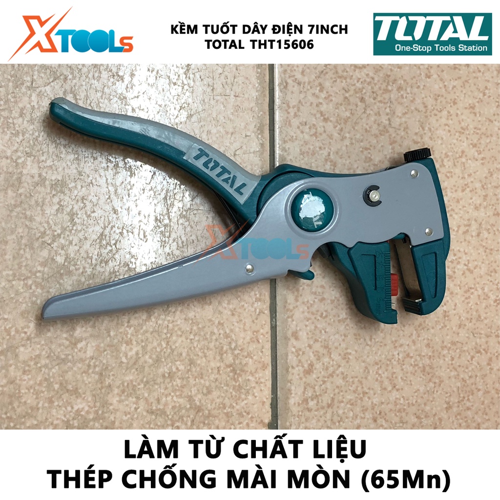 Kềm tuốt dây điện mỏ quạ TOTAL THT15606 Kìm tuốt dây Đường kính đầu tuốt 0.5mm~6mm Chất liệu 65Mn Kích thước 175*85mm bó