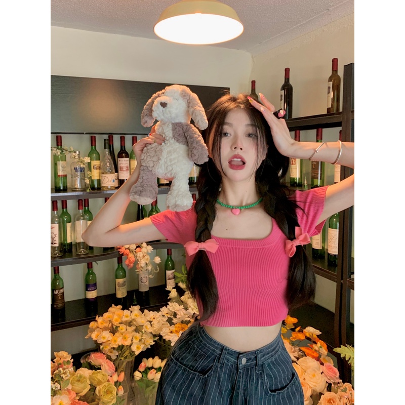 HUANG YOYO Áo Thun Tay Ngắn Dệt Kim Vải Lụa Mỏng Màu Hồng Thời Trang Mùa Hè Hàn Quốc Cho Nữ 2023 croptop