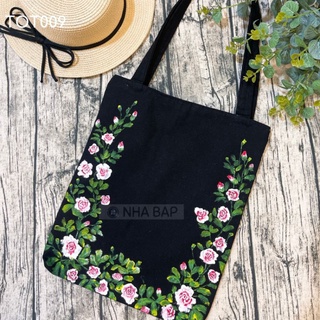 Túi vải cute NHABAP có túi con dây kéo đựng vừa A4 chất liệu túi vải thô dày màu đen Vẽ Tay giặt không phai TOT009