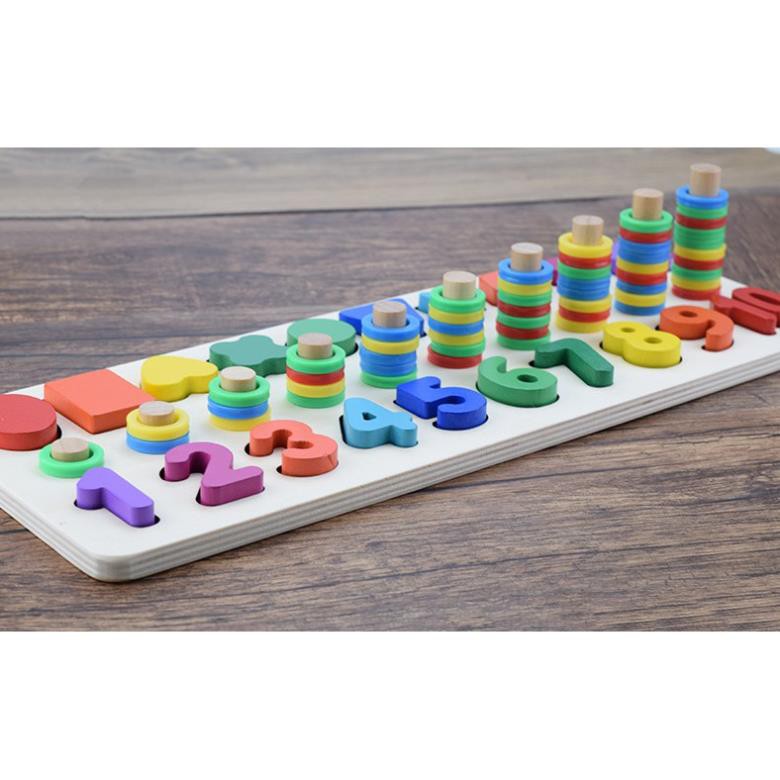 Giáo Cụ Montessori Cột Tính Học Đếm Và Hình Khối 2 Trong 1 Bằng Gỗ - Tặng Ghép Hình 9 Mảnh