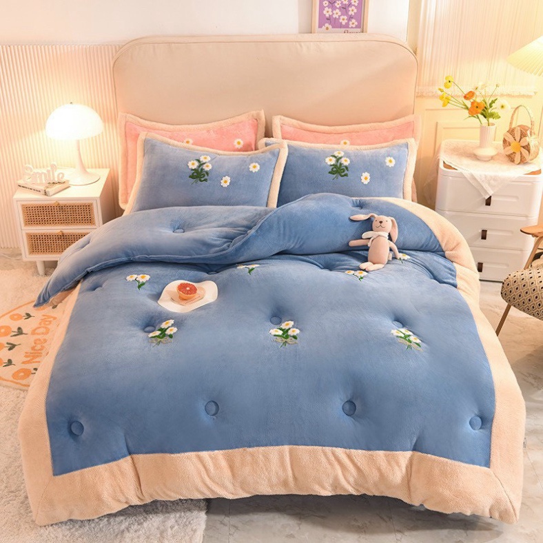 Chăn Lông Thỏ Thêu Hoa Cúc BELLA HO 4.5kg Chất Siêu Mịn Hàng Cao Cấp