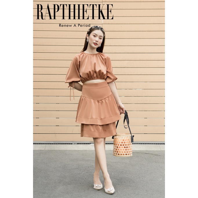 RẬP - Đầm Cam Cổ Tròn Nhún Tay Lửng Tùng Hai Tầng - GRACE 04 CAM