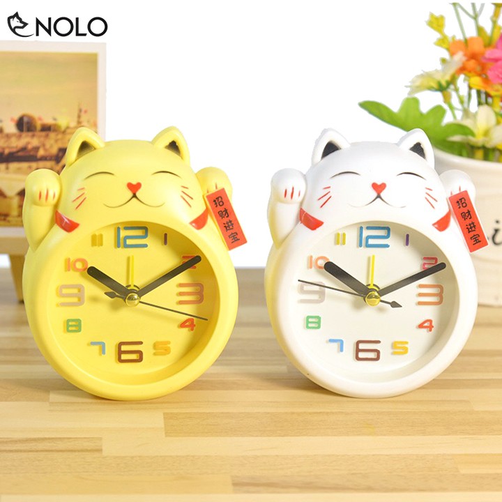 Đồng Hồ Mini Bàn Kiểu Dáng Mèo May Mắn Maneki Neko Chất Liệu Nhựa ABS Dùng 1 Viên Pin AA