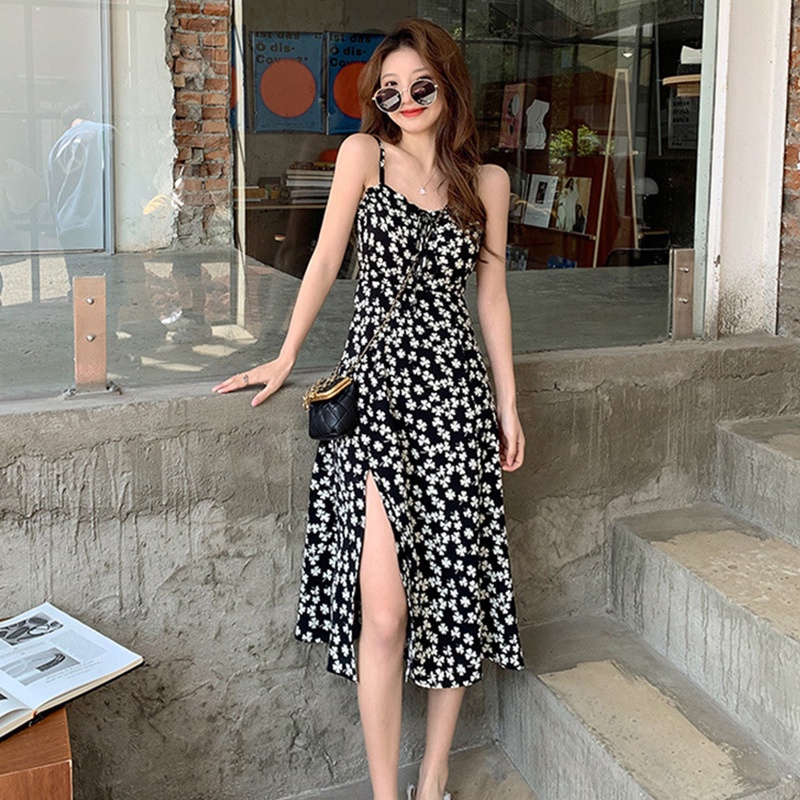 Đầm IELGY hai dây vải chiffon ôm dáng vừa vặn họa tiết hoa thiết kế xẻ tà phong cách Pháp thời trang