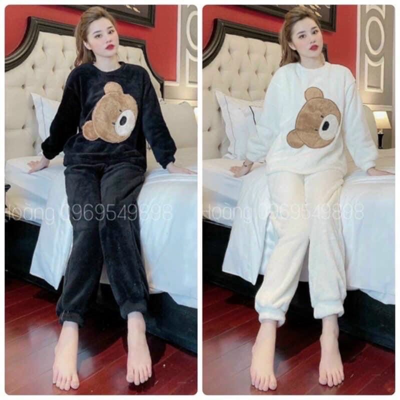 Bộ mặc nhà nữ,bộ ngủ lông thêu gấu dài tay 2 màu mặc mùa lạnh ở nhà thoải mái