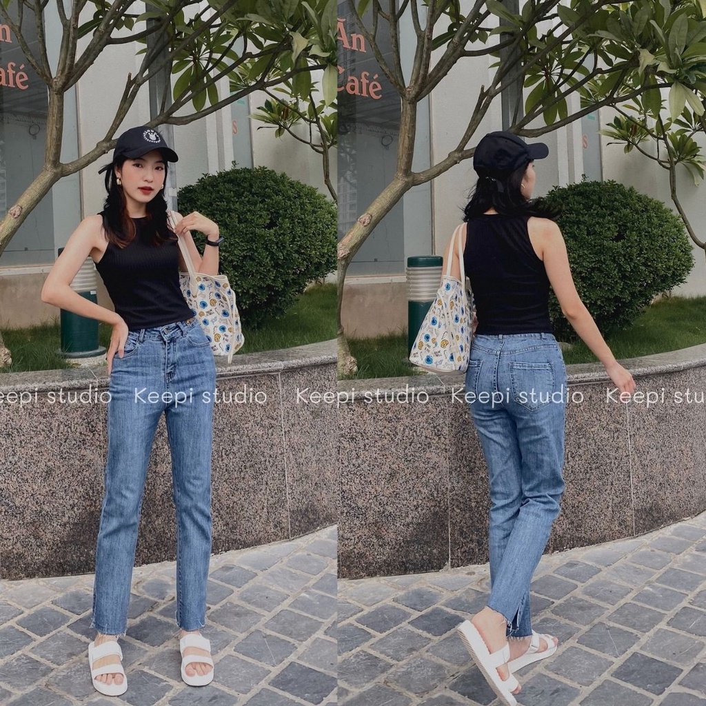 Quần Jean Nữ Bò Nữ Ống Đứng Cạp Lưng Cao Cắt Vạt Hàng Cao Cấp Co Giãn