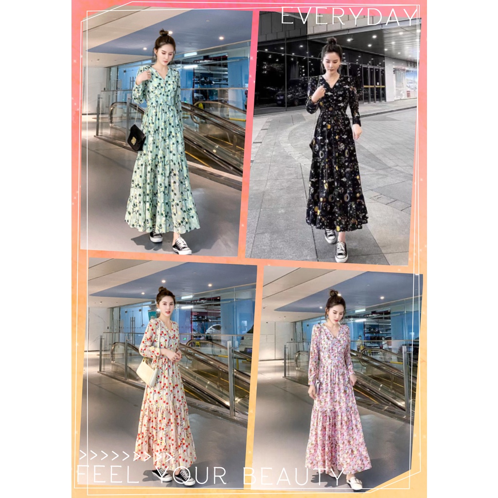 Đầm Voan Dài Tay Cổ Chữ V Dáng Ôm Họa Tiết Chấm Bi Phong Cách Retro Thời Trang Mới Cho Nữ