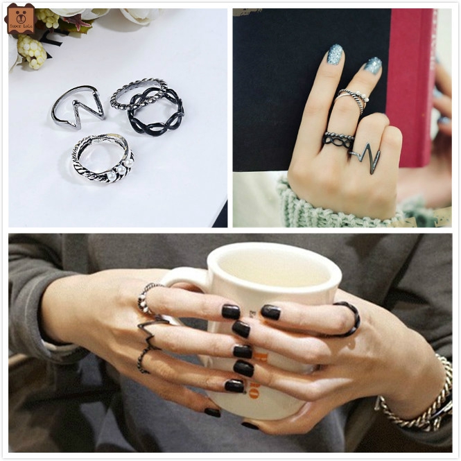 Set 4 nhẫn đôi sáng tạo phong cách retro độc đáo