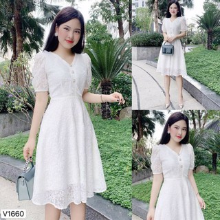 Váy xòe trắng hoa nổi V1660_ hàng thiết kế cao cấp