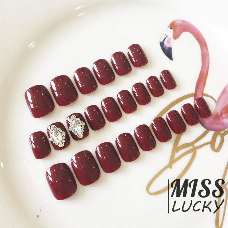 ❤HHN-VN 24pcs Wine Red False Nails Full Cover Artificial Diamond Rhinestone Design Short Square Fake