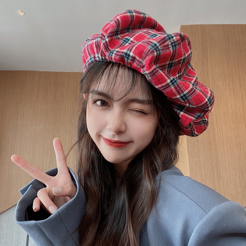 Mũ Beret Họa Tiết Sọc Caro Phong Cách Retro Hàn Quốc Cho Nữ