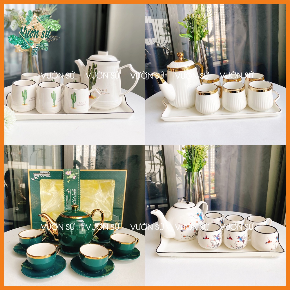 Bộ ấm trà sứ 6 chén kèm khay họa tiết độc lạ mẫu mới - VS272