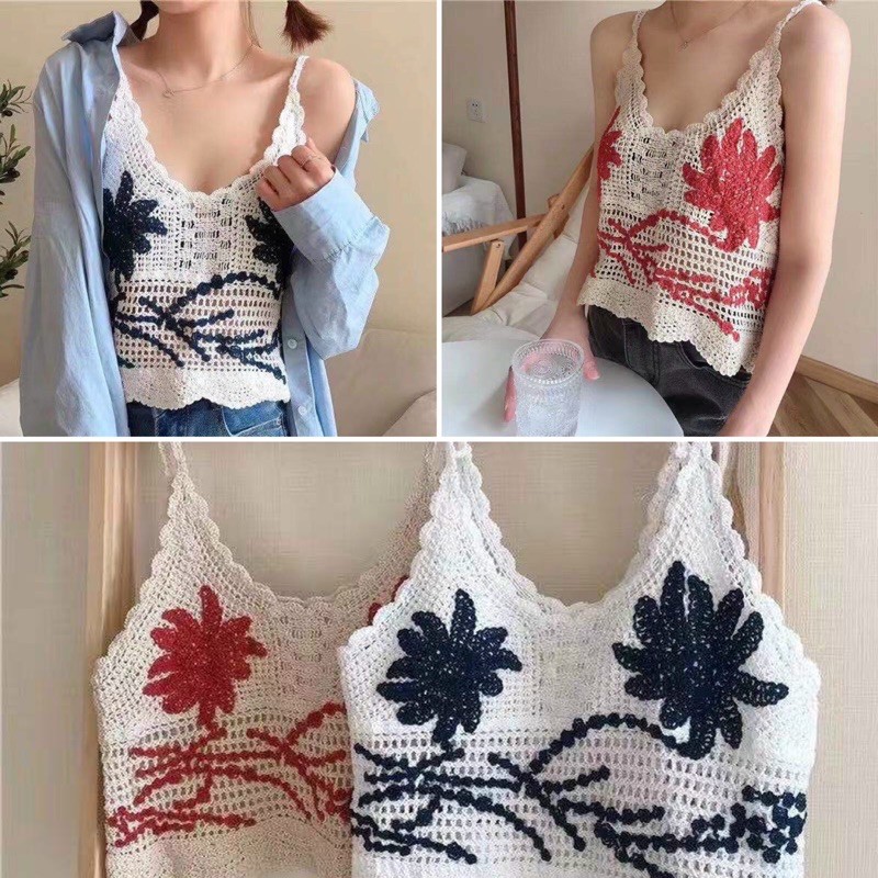 Áo 2 dây len sợi thêu hoa cọ nổi bật