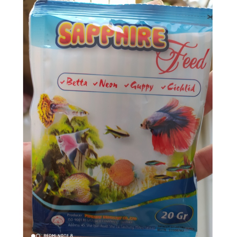 Cám Sapphire 20G dành các loại cá: betta, neon, guppy, cichlid, mũi đỏ, tam giác, bảy màu, huyết anh đào, Hồng my Ấn độ.