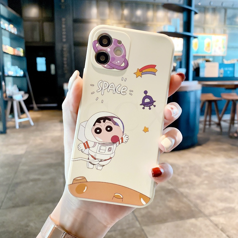 White Case For OPPO A31 A9 A5 2020 A92S A52 A72 A92 A91 A12e A83 A59 A59S A57 A39 AX5 A3S Phone Case Crayon Shin-Chan Soft-touch New Luxury Side Printing Square Liquid Silicone Soft Cover Shell