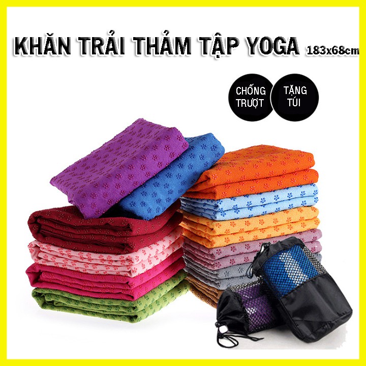 Khăn trải thảm tập yoga(tặng kèm túi đựng) phủ hạt cao cấp chống trơn trượt bám siêu dính nhiều màu lựa chọn