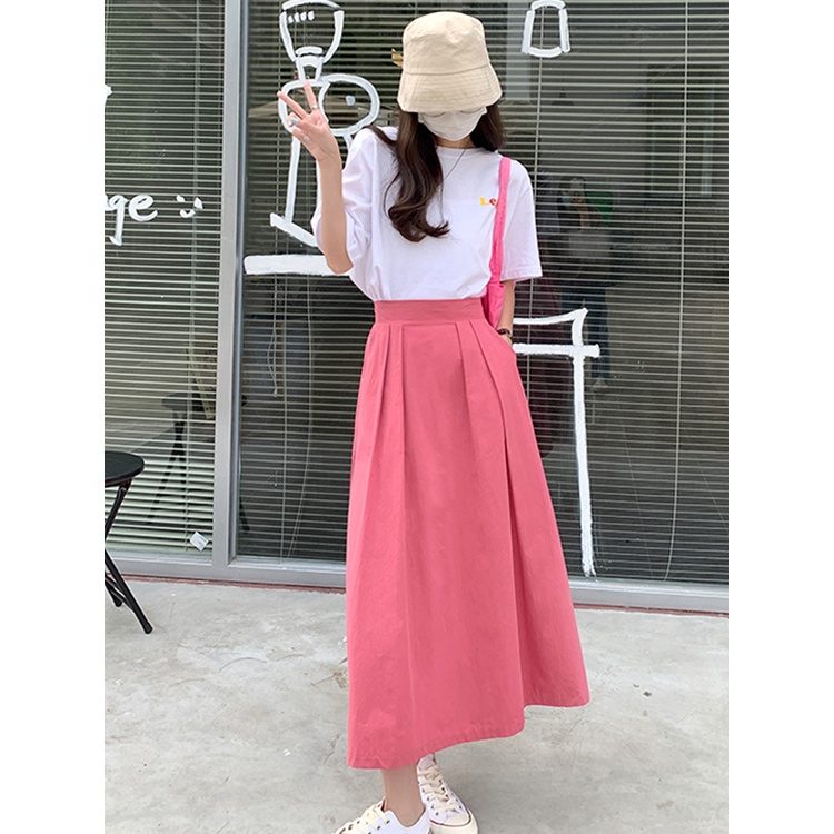 Chân váy cạp cao xòe dài xếp ly màu hồng style vintage đáng yêu mùa hè