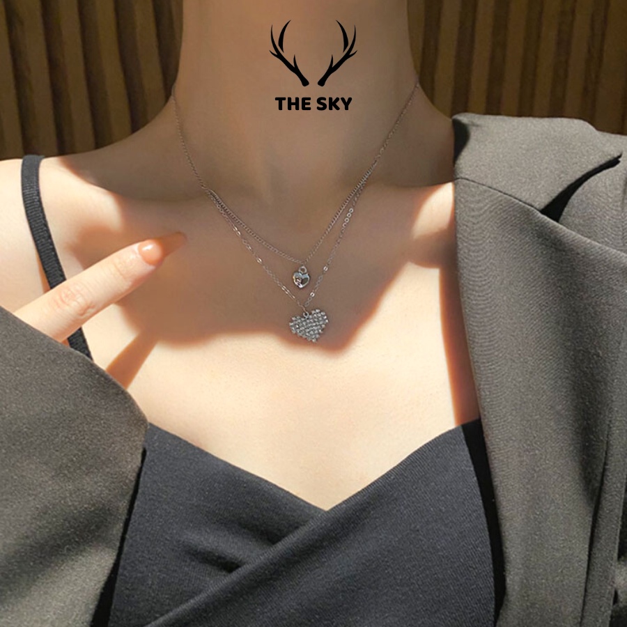 Dây Chuyền Bạc THE SKY DC1025 Dây Hai Tầng Kèm Mặt Trái Tim Đính Đá Sang Trọng Hot Trend Cho Nữ