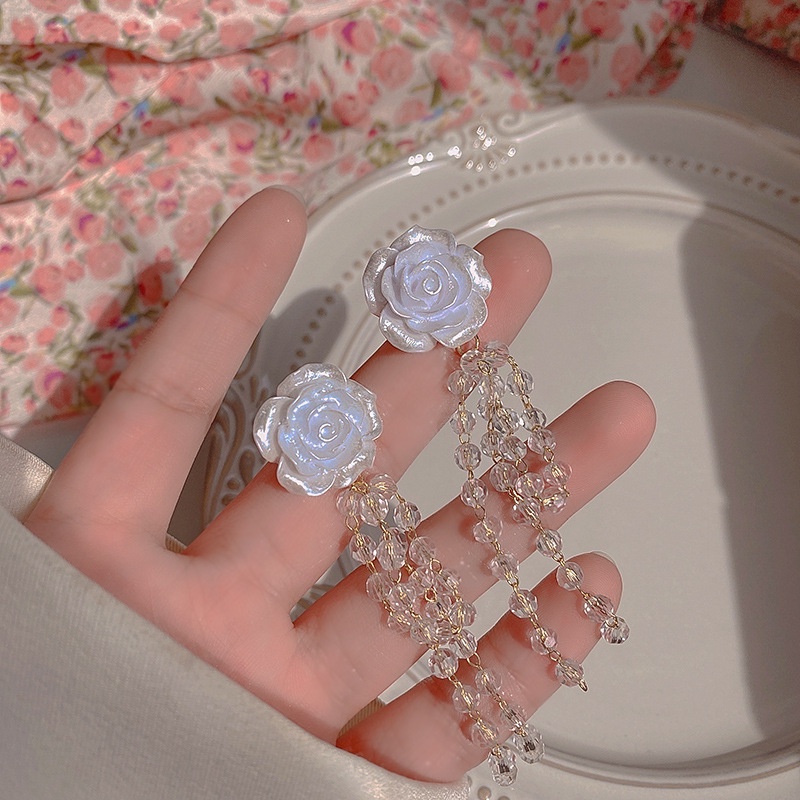 Bông Tai Dáng Dài Hình Hoa Trà Bằng Acrylic Phối Tua Rua Phong Cách Hàn Quốc Thời Trang Cho Nữ