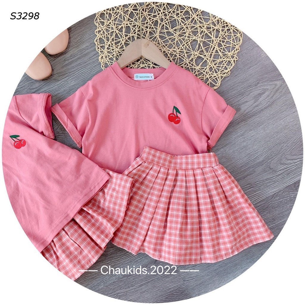 (8-22kg) Sét Váy Cherry Cho Bé Gái Màu Hồng Đáng Yêu