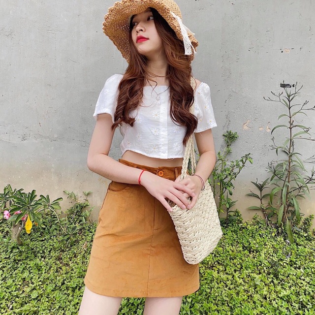 SET ÁO CỔ U CHÂN VÁY NÂU