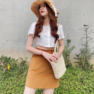 Set áo cổ u chân váy nâu