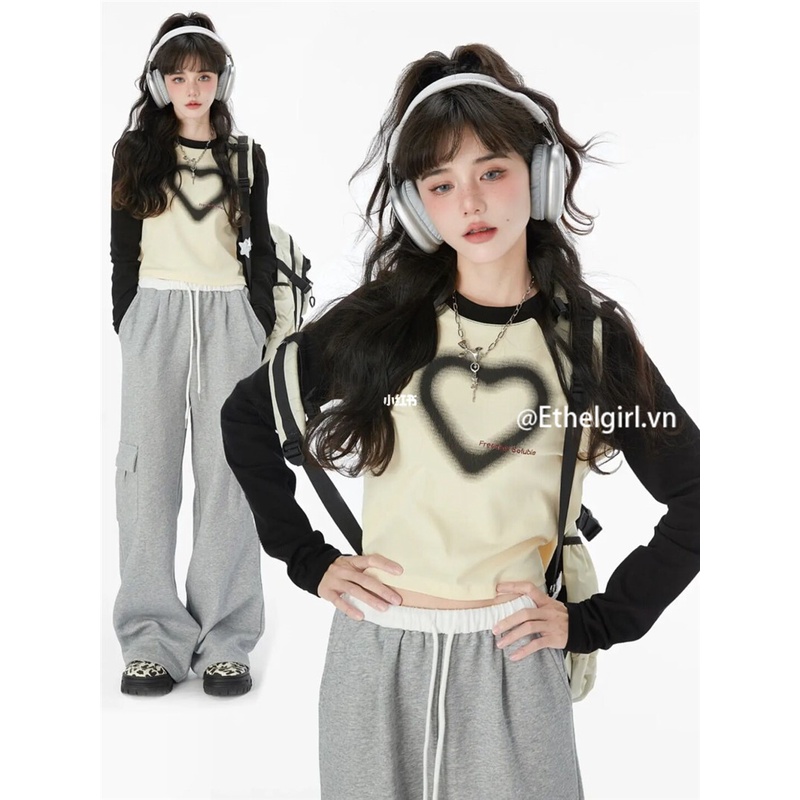 Áo Thun Tay Dài Cổ Tròn In Hình Trái Tim Phối Màu Thời Trang Cho Nữ