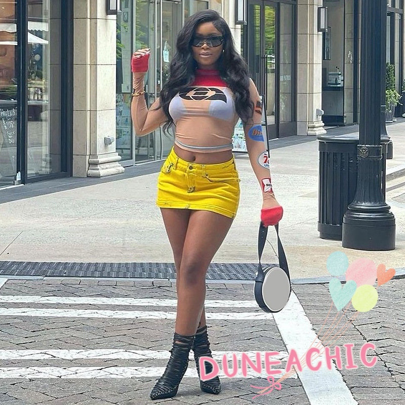 DUNEA Áo Thun Tay Dài Phối Lưới Xuyên Thấu In Họa Tiết Thời Trang Cho Nữ