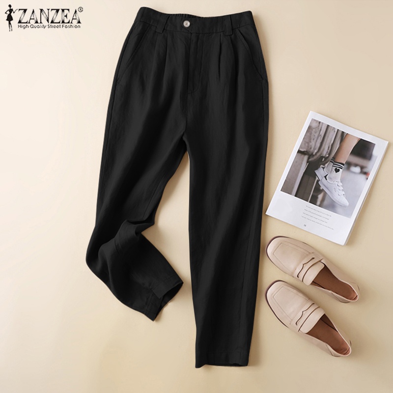 Quần dài ZANZEA lưng thun màu trơn có túi thời trang cho nữ