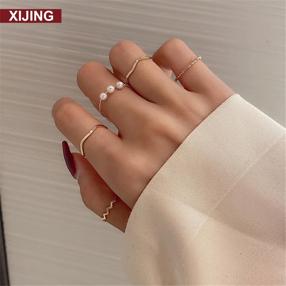 【COD】Set 5 nhẫn nhiều lớp đính ngọc trai thời trang cho nữ