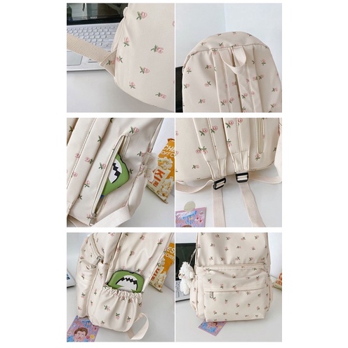 Ba lô nữ trắng be ulzzang điểm hoa nhí xinh xắn dễ thương phong cách teen hàn quốc balo cặp sách học sinh