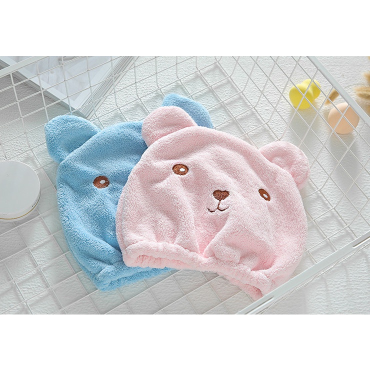 Mũ Trùm Đầu Làm Khô Tóc Sau Khi Tắm, Vải Nhung Dày Dặn, Hình Gấu Hoạt Hình Siêu Đáng Yêu